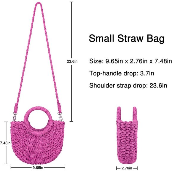 Woven Straw Beach Bag for Womem Top Handle Pink Crossbody and Shoulder Strap - Picture 6 of 6